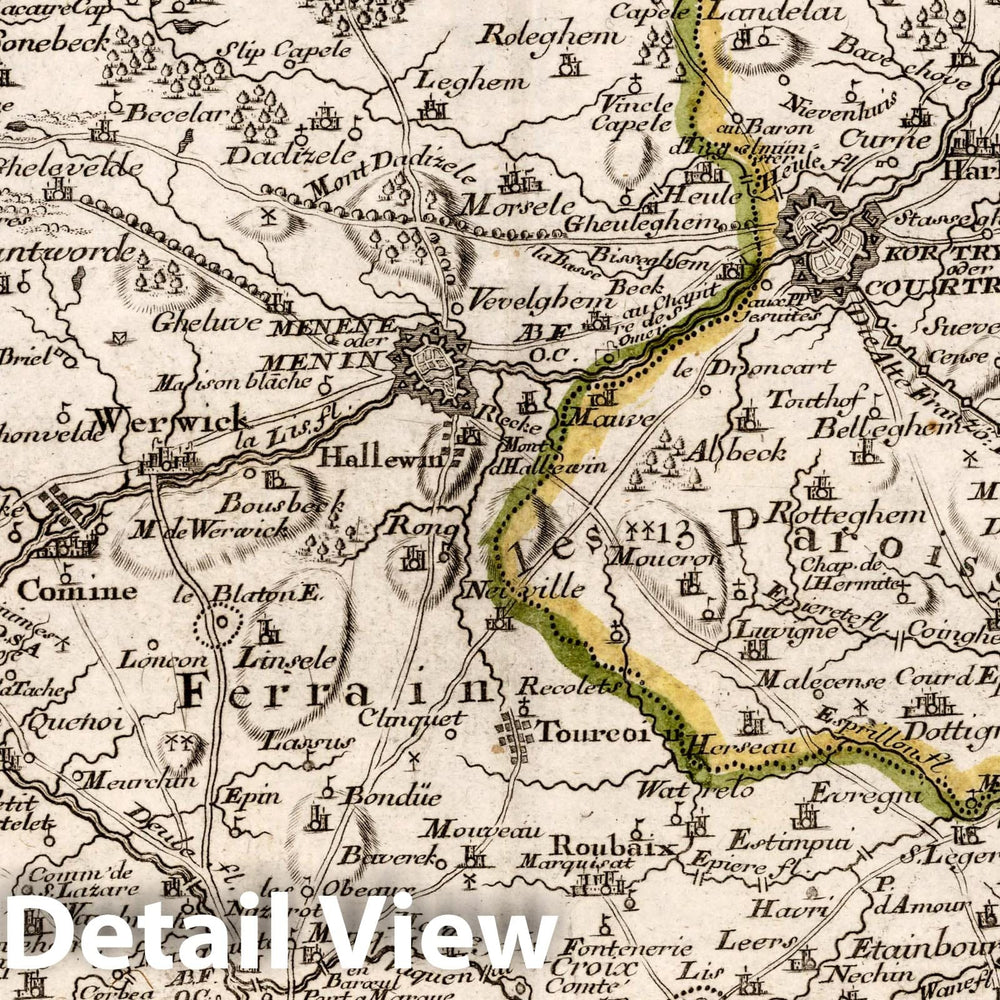 Historic Map : Belgium, , Europe Menin in Flandern : Mitt nahe Gelegenen Staedtten Ypern, Cortryck, Ryssel, Dornick etc., 1716, Vintage Wall Art