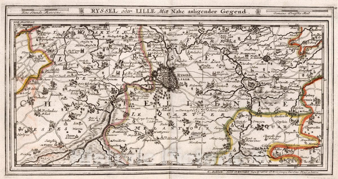 Historic Map : France, , Europe 1716 Ryssel Oder Lille mitt nach anligender gegend , Vintage Wall Art