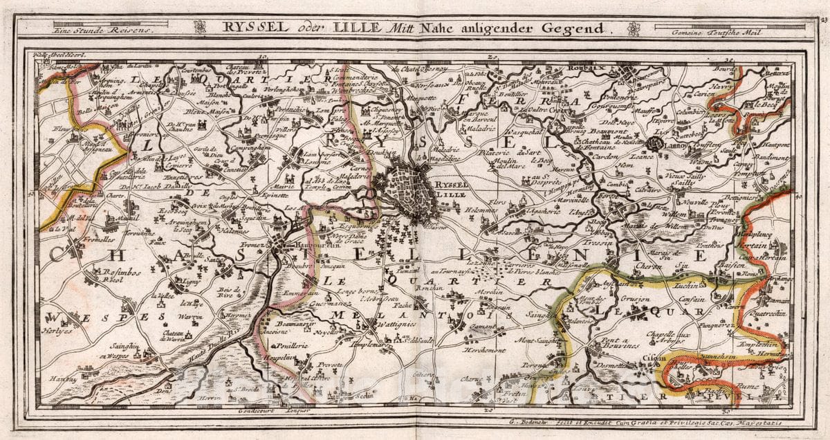 Historic Map : France, , Europe 1716 Ryssel Oder Lille mitt nach anligender gegend , Vintage Wall Art