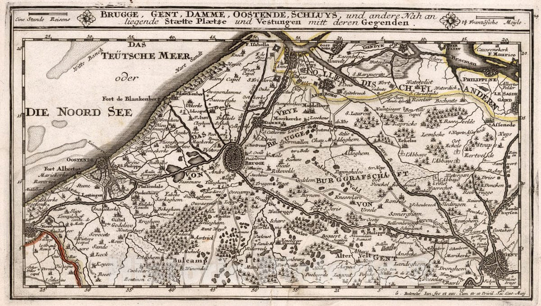 Historic Map : Belgium, , Europe 1716 Brugge, Gent, Damme, Oostende, Schluys, und andere Nah an-liegende Staette , Vintage Wall Art
