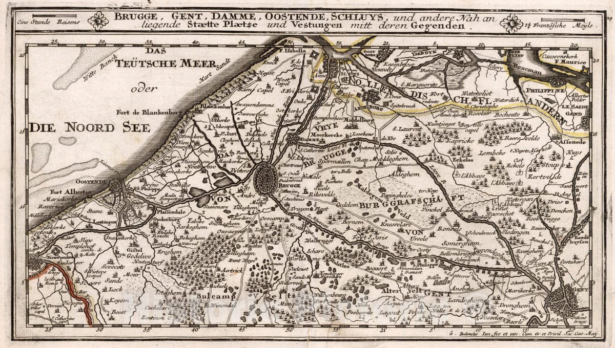 Historic Map : Belgium, , Europe 1716 Brugge, Gent, Damme, Oostende, Schluys, und andere Nah an-liegende Staette , Vintage Wall Art