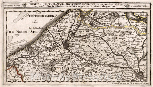 Historic Map : Belgium, , Europe 1716 Brugge, Gent, Damme, Oostende, Schluys, und andere Nah an-liegende Staette , Vintage Wall Art