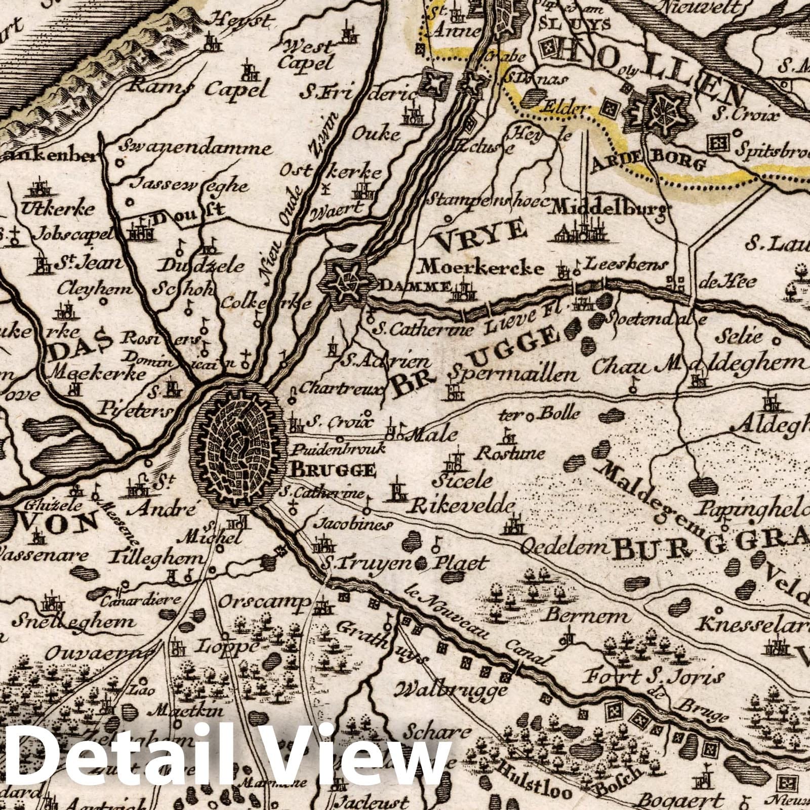 Historic Map : Belgium, , Europe 1716 Brugge, Gent, Damme, Oostende, Schluys, und andere Nah an-liegende Staette , Vintage Wall Art