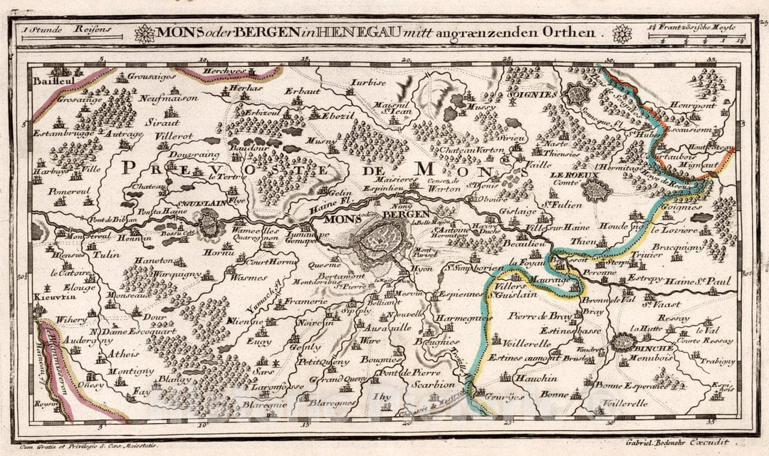 Historic Map : Belgium, , Europe 1716 Mons Oder Bergen in Henegau mitt angraenzenden Orthen , Vintage Wall Art