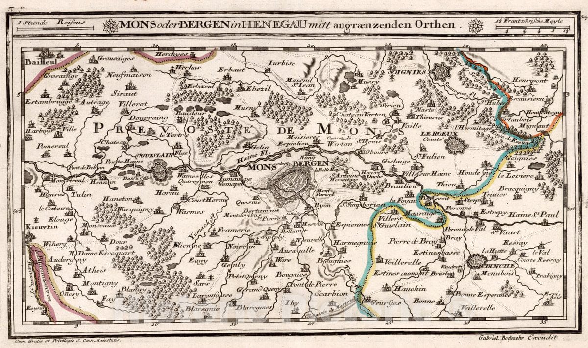 Historic Map : Belgium, , Europe 1716 Mons Oder Bergen in Henegau mitt angraenzenden Orthen , Vintage Wall Art