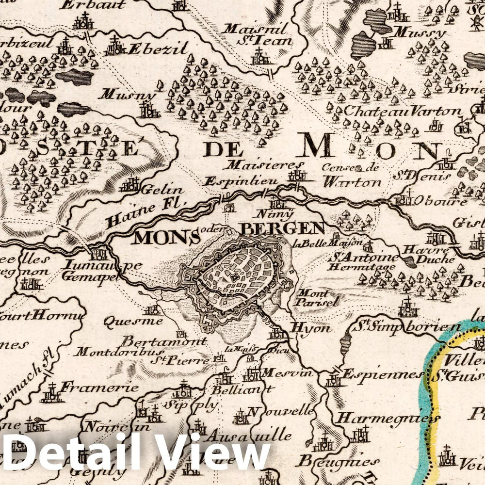 Historic Map : Belgium, , Europe 1716 Mons Oder Bergen in Henegau mitt angraenzenden Orthen , Vintage Wall Art