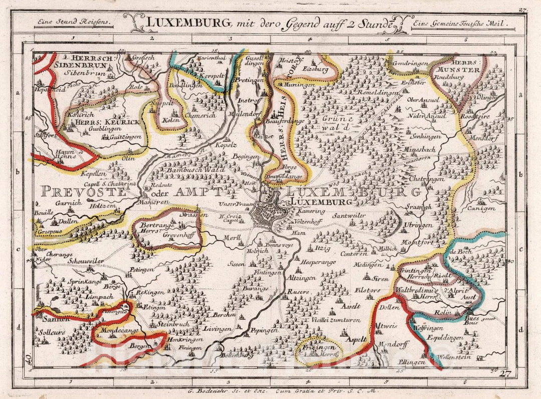 Historic Map : Luxembourg, , Europe Luxemburg mit dero Gegend auff Zwei Stunden, 1716 Atlas , Vintage Wall Art