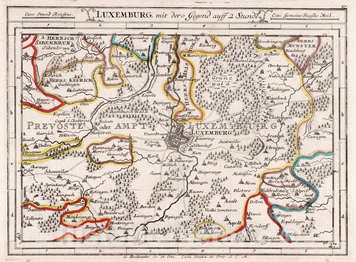 Historic Map : Luxembourg, , Europe Luxemburg mit dero Gegend auff Zwei Stunden, 1716 Atlas , Vintage Wall Art