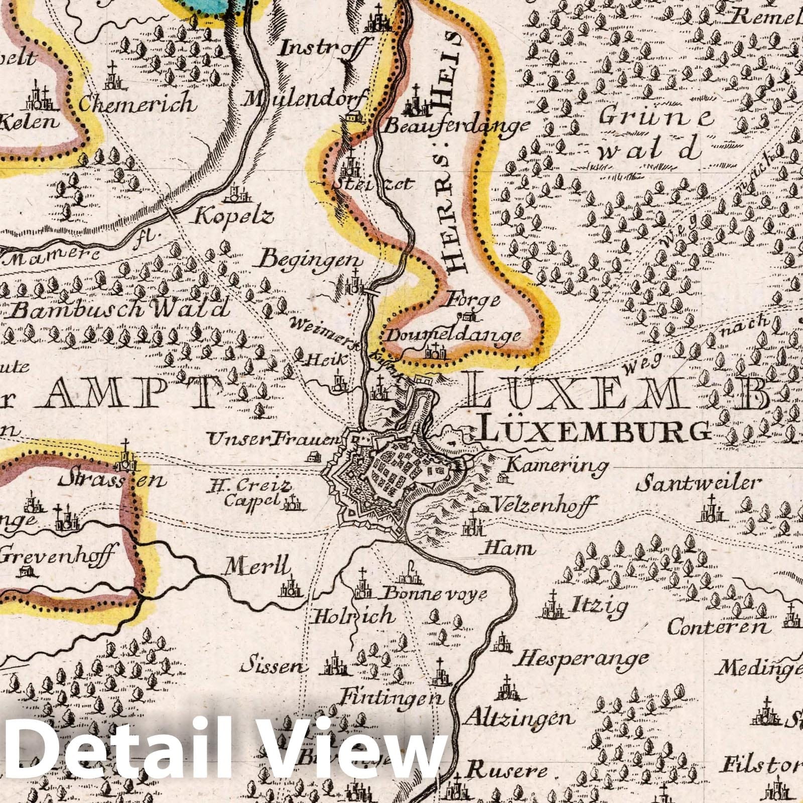 Luxembourg - Road Map, 1716 - Hand-Colored Historical Map Print