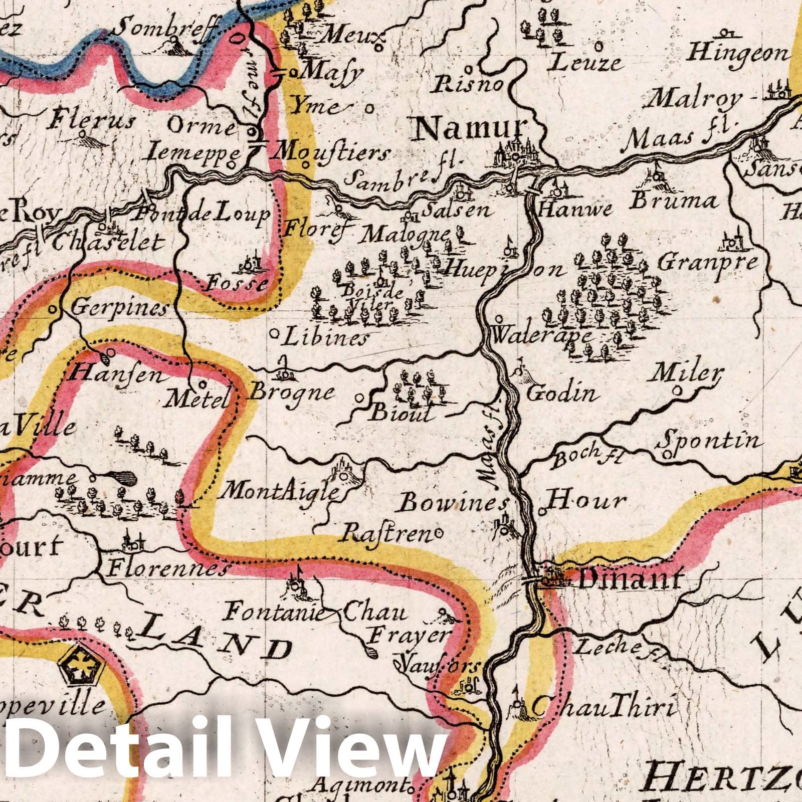 Namur, Belgium - River Map, 1716 - Historical Map Print