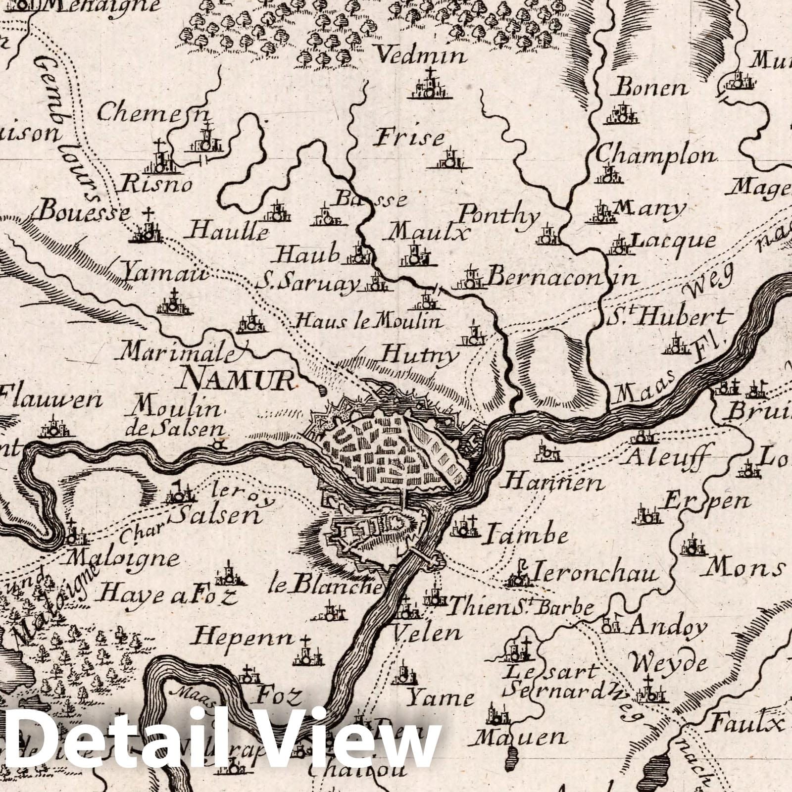 Namur and Surrounding Region Belgium - Road Map, 1716 - Historical Map Print