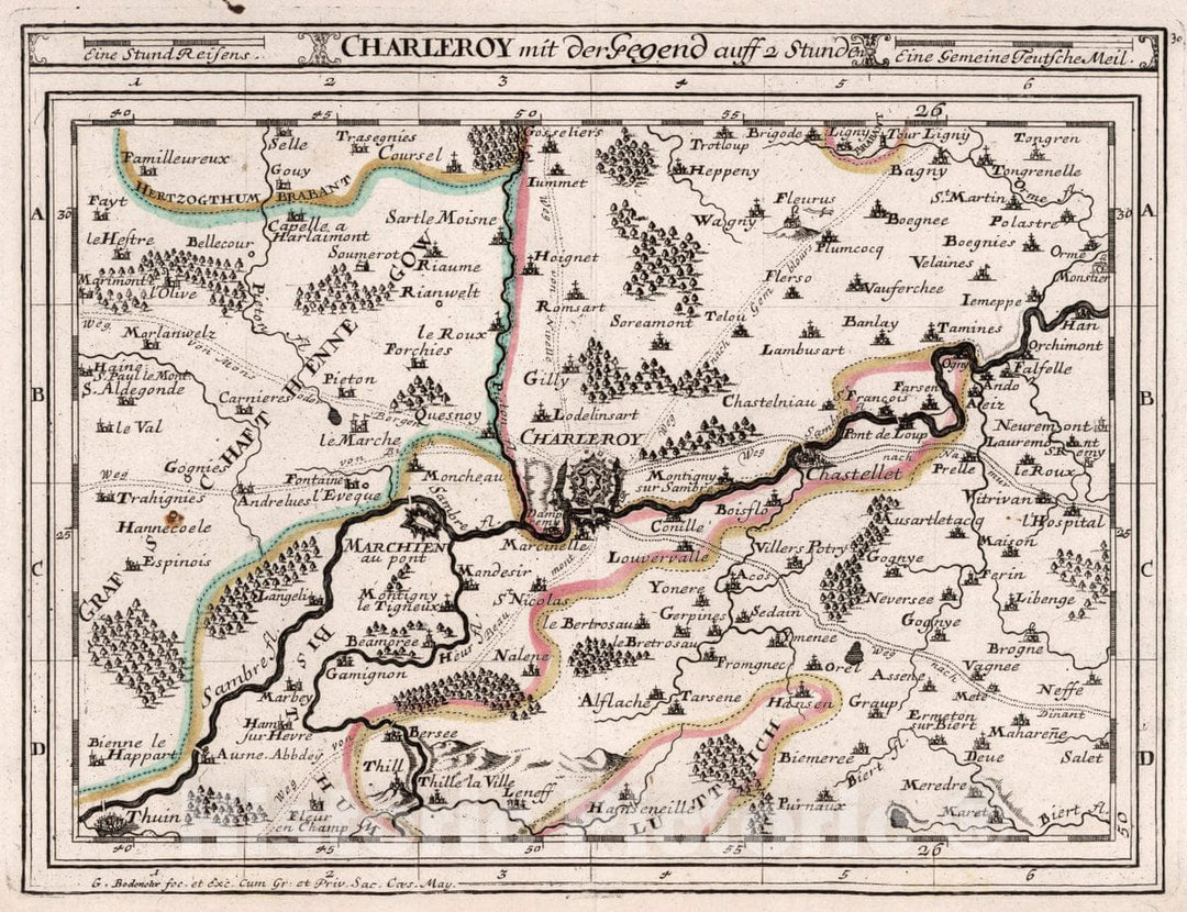 Historic Map : Belgium, , Europe Charleroy mit der Gegend auff Zwei Stunden, 1716 Atlas , Vintage Wall Art