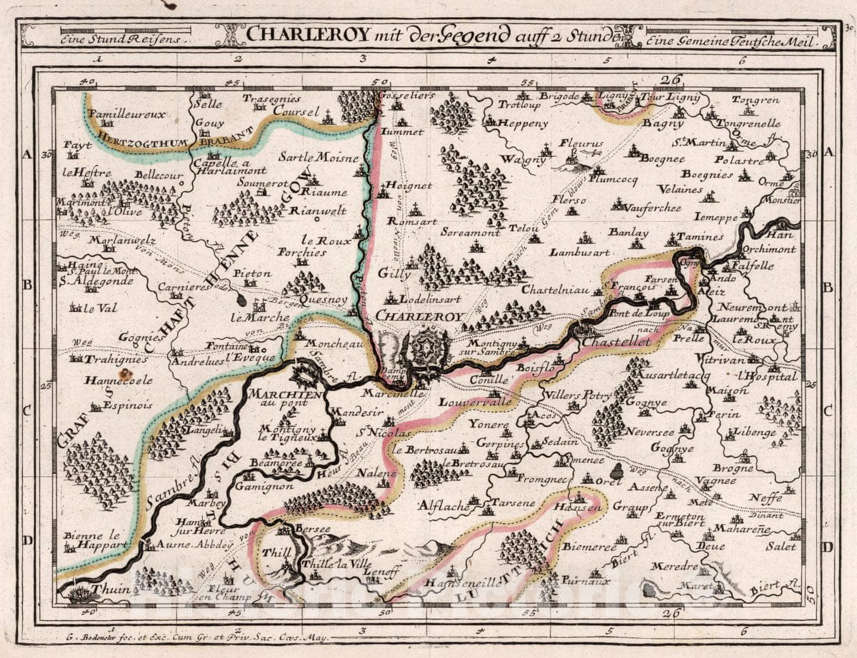 Historic Map : Belgium, , Europe Charleroy mit der Gegend auff Zwei Stunden, 1716 Atlas , Vintage Wall Art