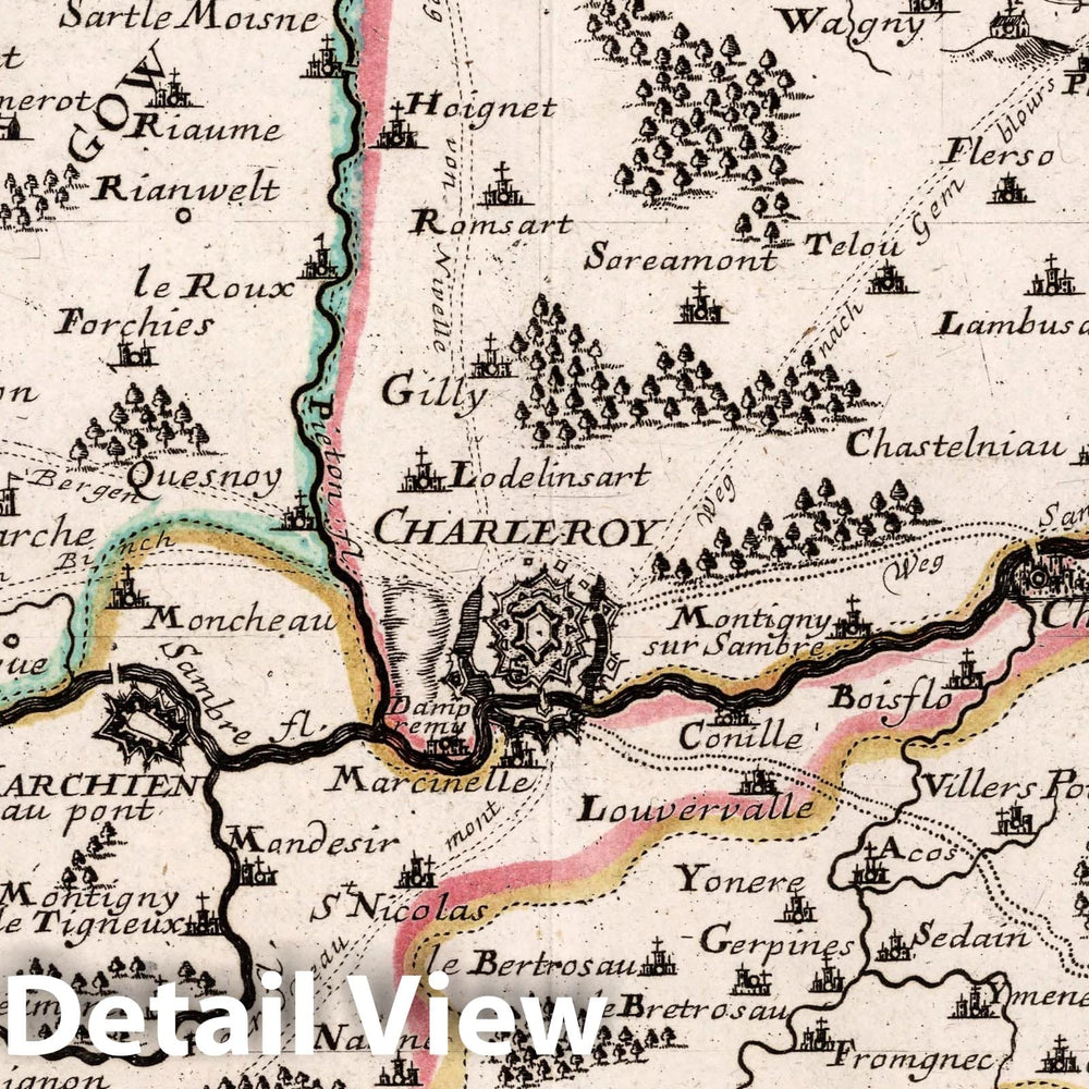 Historic Map : Belgium, , Europe Charleroy mit der Gegend auff Zwei Stunden, 1716 Atlas , Vintage Wall Art