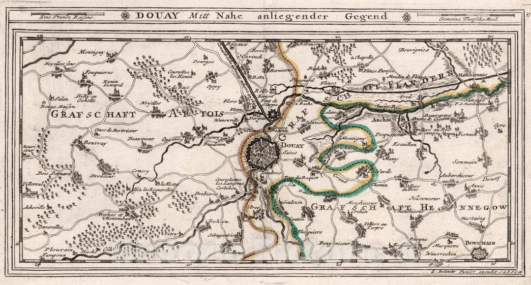 Historic Map : Belgium, , Europe 1716 Douay Mitt Nahe anliegender Gegend , Vintage Wall Art