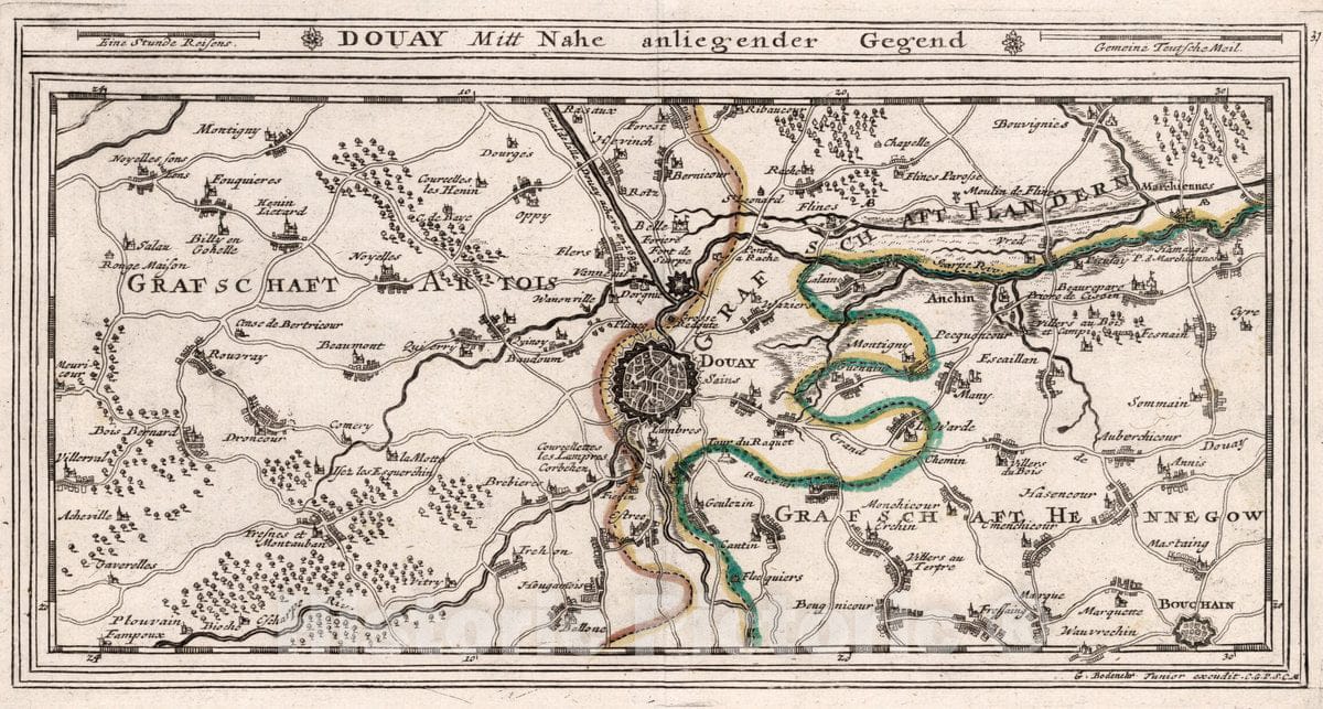 Historic Map : Belgium, , Europe 1716 Douay Mitt Nahe anliegender Gegend , Vintage Wall Art