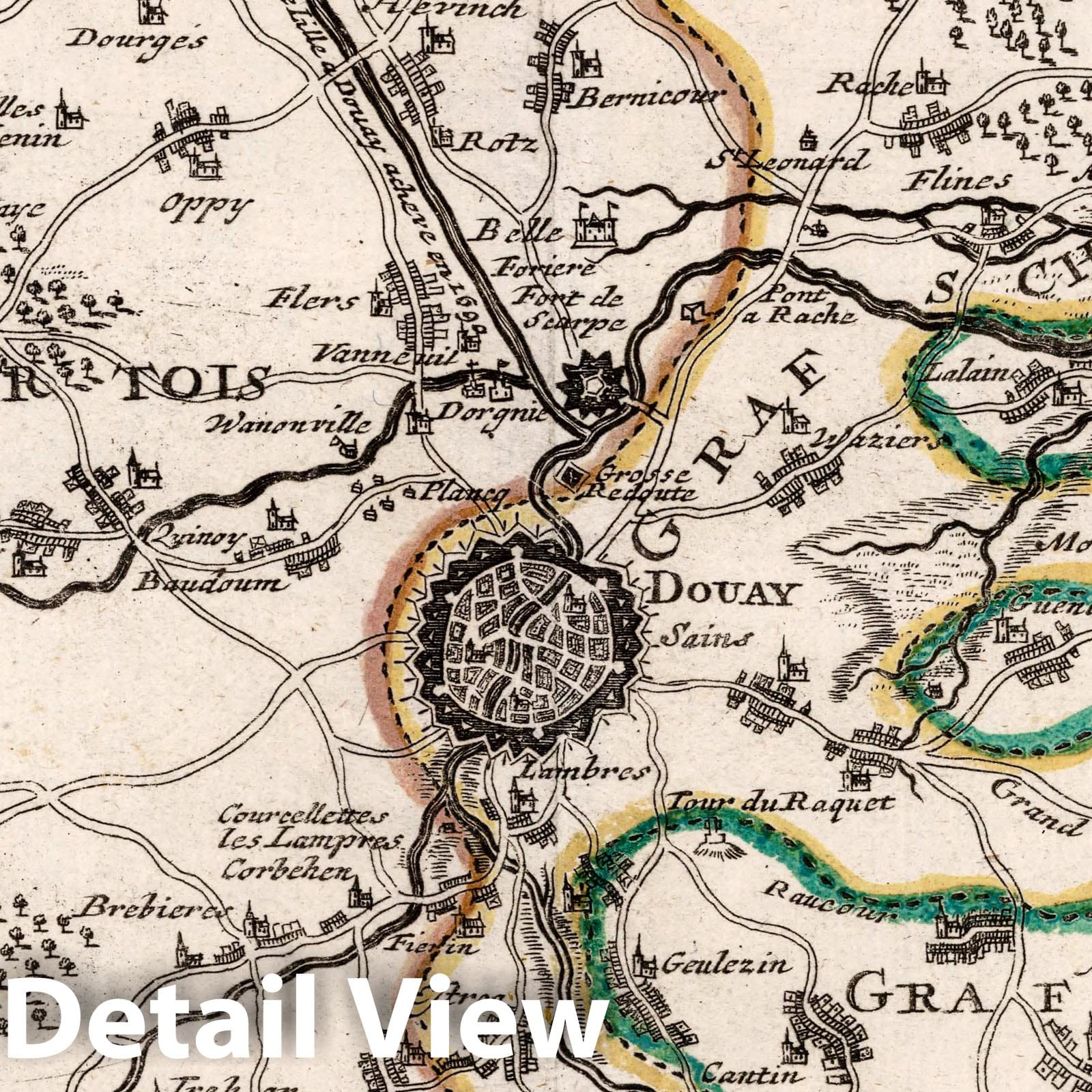 Douai and Surrounding Region, Belgium - Road Map, 1716 - Historical Map Print