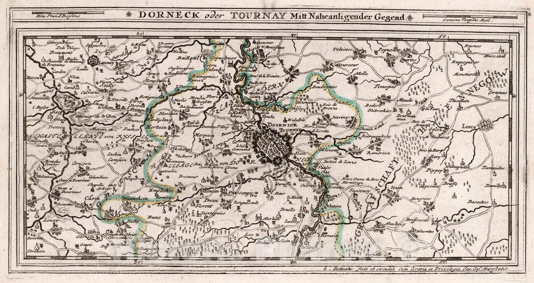 Historic Map : Belgium, , Europe 1716 Dorneck Oder Tournay Mitt Naheanligender Gegend , Vintage Wall Art