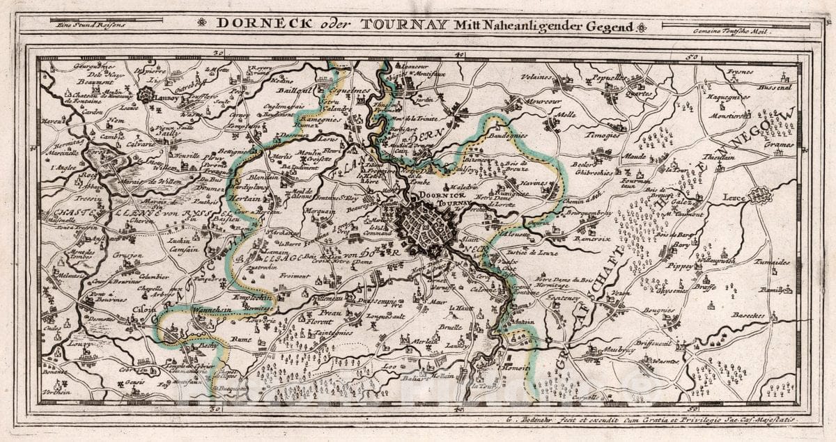 Historic Map : Belgium, , Europe 1716 Dorneck Oder Tournay Mitt Naheanligender Gegend , Vintage Wall Art