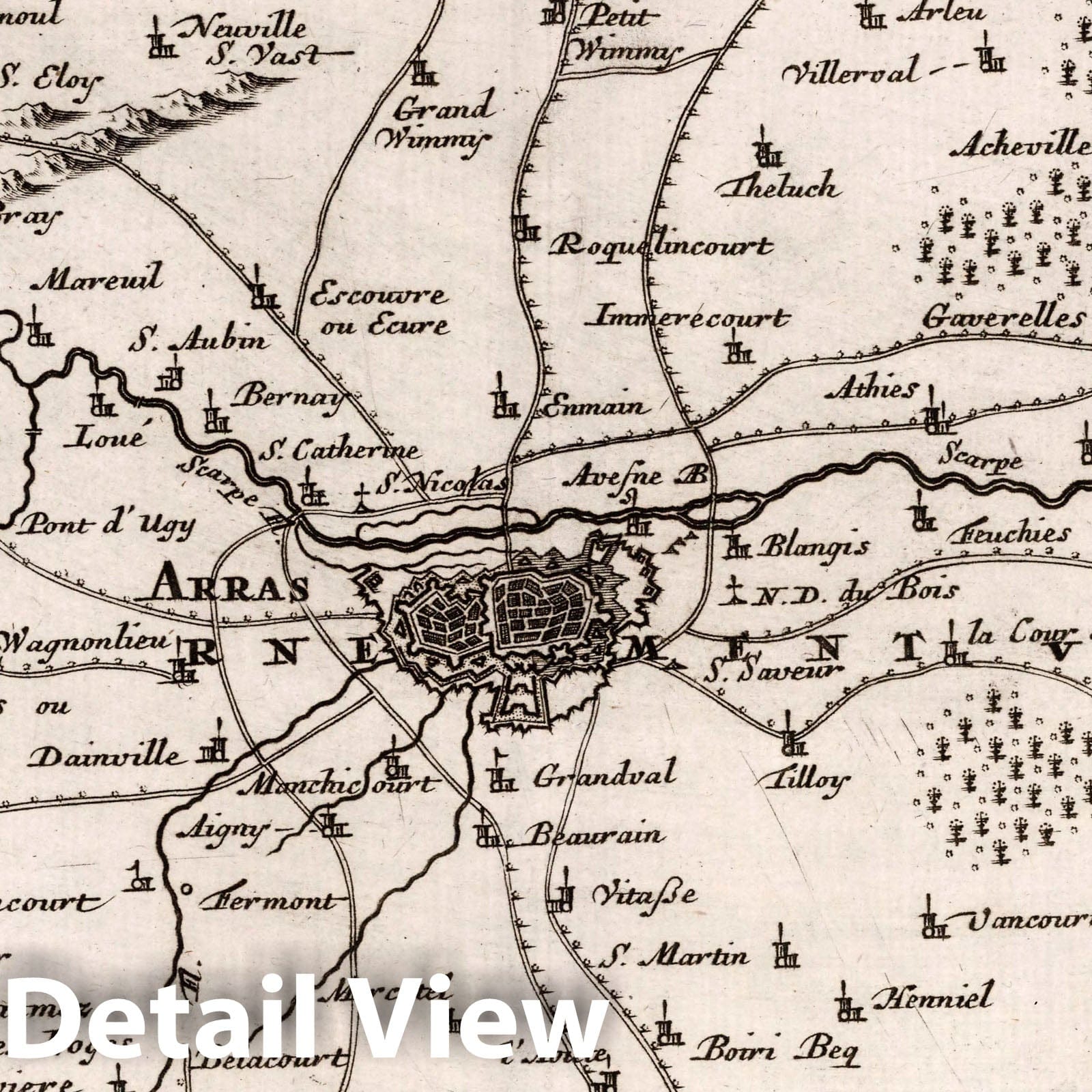 Arras and Surrounding Region, Belgium - Road Map, 1716 - Historical Map Print