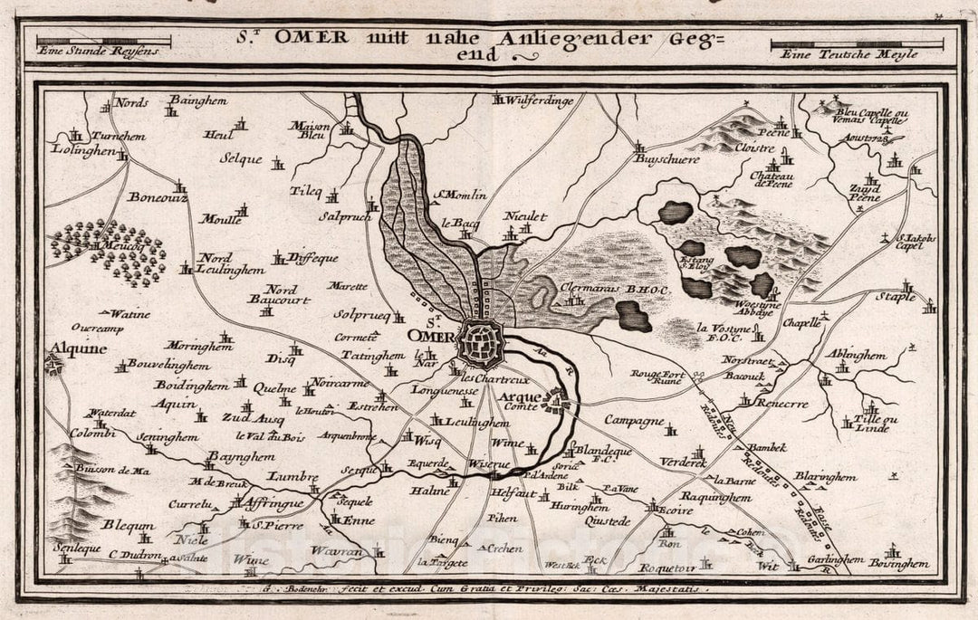 Historic Map : France, , Europe 1716 St. Omer mitt nahe Anliegender Gegend , Vintage Wall Art