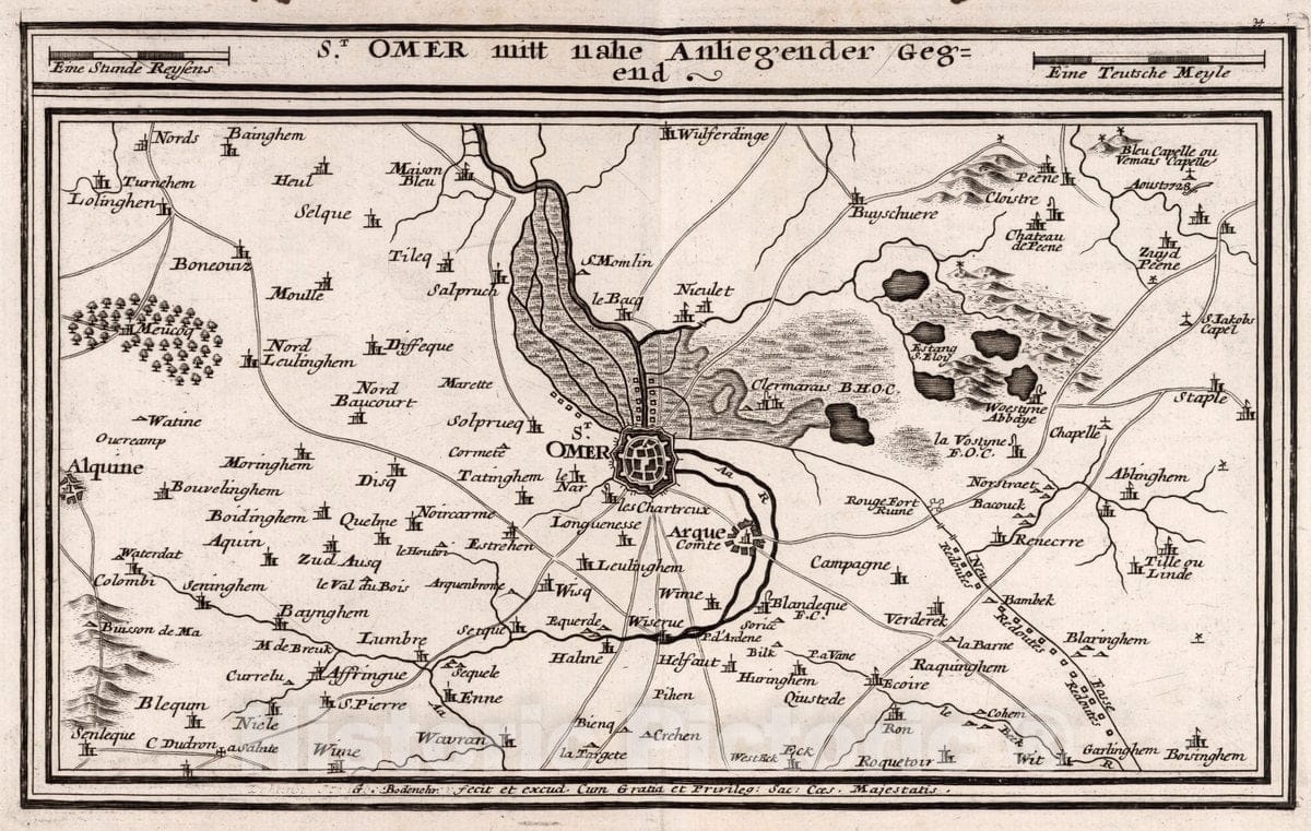 Historic Map : France, , Europe 1716 St. Omer mitt nahe Anliegender Gegend , Vintage Wall Art