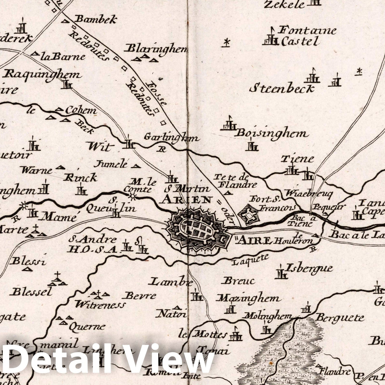 Aire-sur-la-Lys and Saint Venant, France - Road Map, 1716 - Historical Map Print