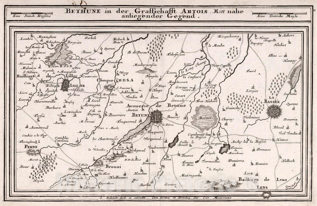 Historic Map : France, , Europe Bethune in der Graffschafft Artois, Mitt nahe anliegender Gegend, 1716 Atlas , Vintage Wall Art