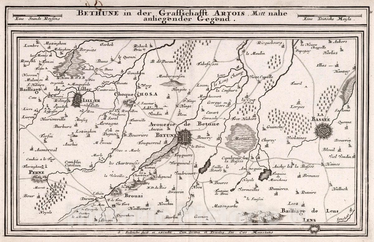 Historic Map : France, , Europe Bethune in der Graffschafft Artois, Mitt nahe anliegender Gegend, 1716 Atlas , Vintage Wall Art