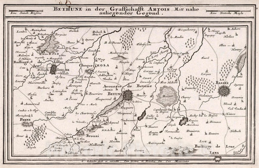 Historic Map : France, , Europe Bethune in der Graffschafft Artois, Mitt nahe anliegender Gegend, 1716 Atlas , Vintage Wall Art