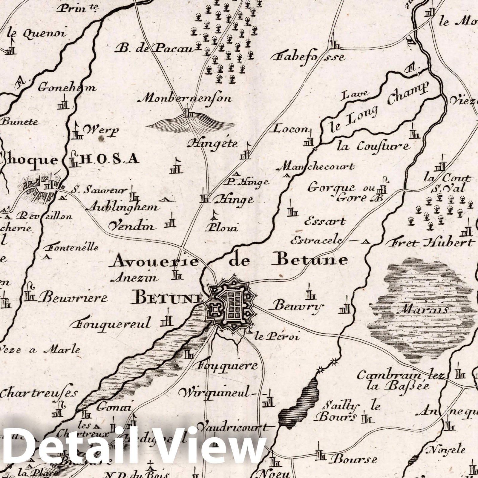 Bethune, Artois, France - Road Map, 1716 - Historical Map Reproduction