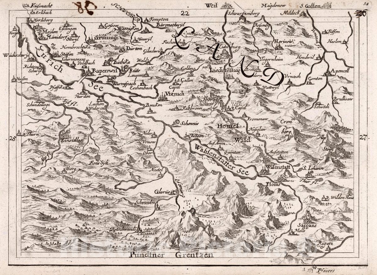 Historic Map : Pundtner Grentzen. (to accompany) Atlas Curieux Oder Neuer und Compendieuser Atlas. 38, 1716 Atlas - Vintage Wall Art