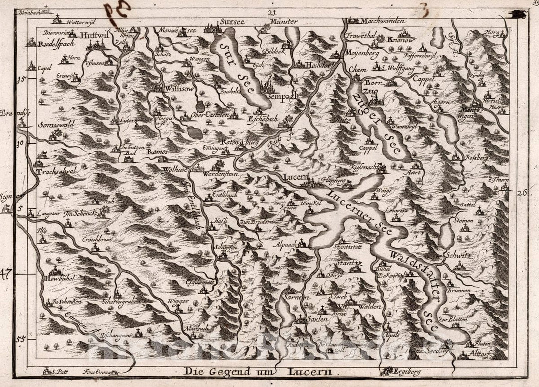 Historic Map : Switzerland, , Europe Die Gegend um Lucern. (to accompany) Atlas Curieux Oder Neuer und Compendieuser Atlas. 39, 1716 Atlas , Vintage Wall Art