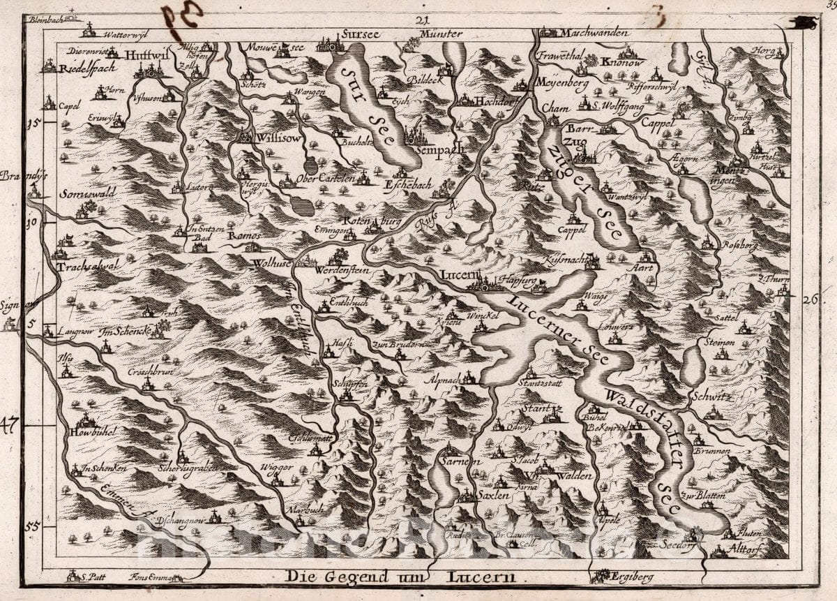Historic Map : Switzerland, , Europe Die Gegend um Lucern. (to accompany) Atlas Curieux Oder Neuer und Compendieuser Atlas. 39, 1716 Atlas , Vintage Wall Art