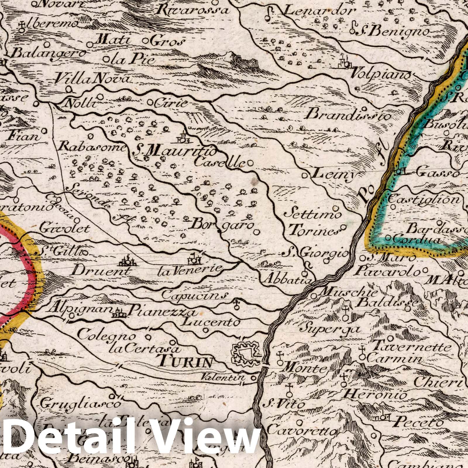 Turin to Crescentino Region, Italy - Road Map, 1716 - Historical Map Print