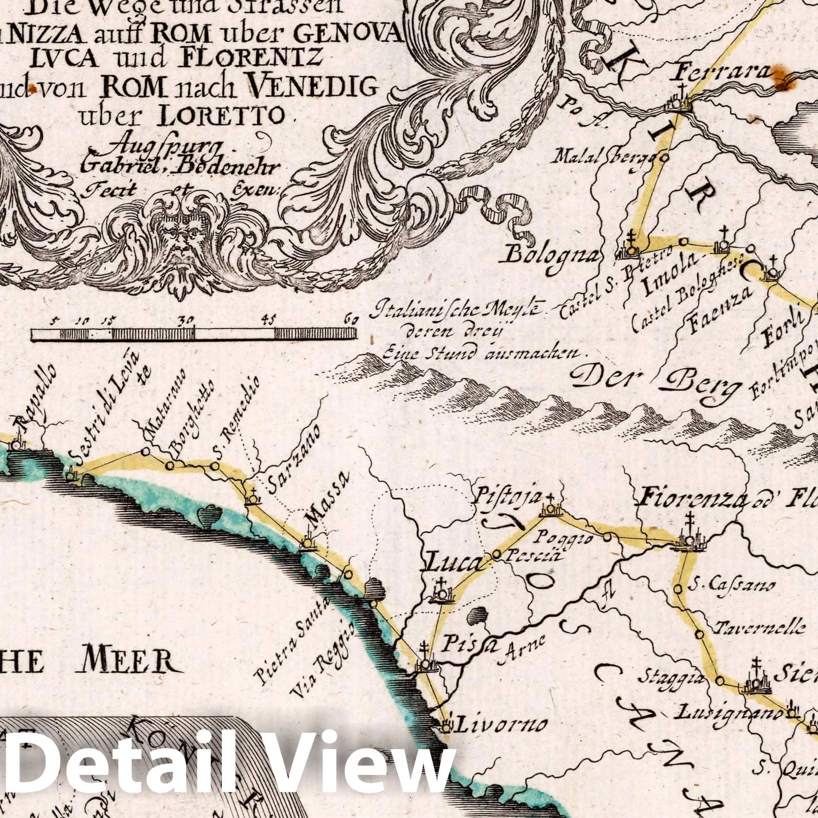 Italy Travel Map - Roads, 1716 - Hand-Colored Historical Map Print