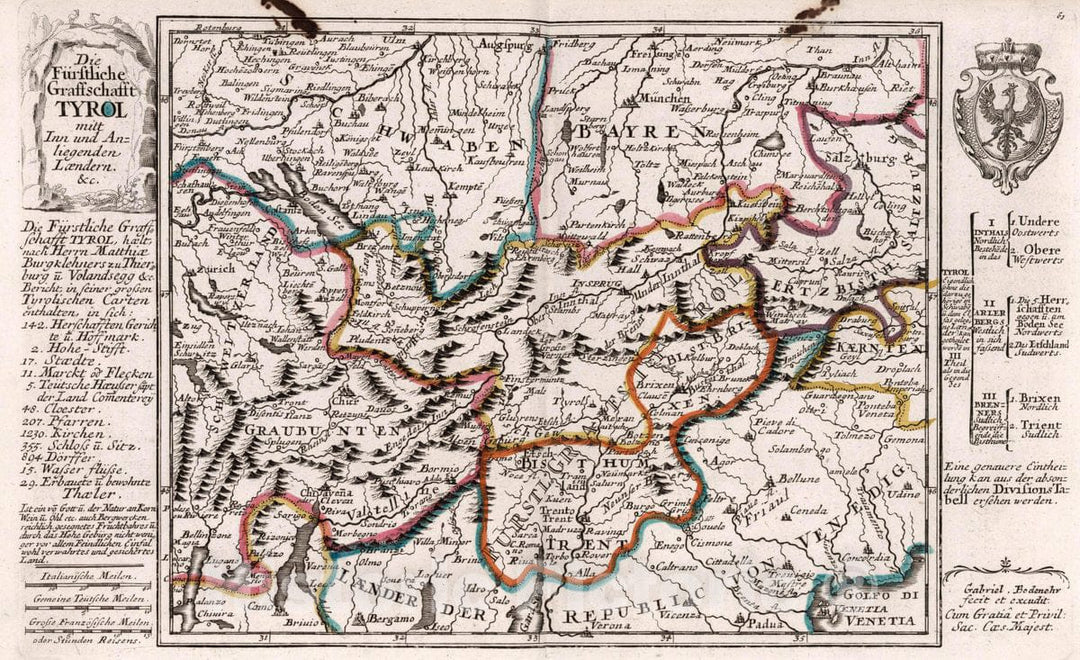 Historic Map : Austria, , Europe 1716 Die Furstliche Graffschafft Tyrol : mitt Inn- und Anliegenden Laendern &c. , Vintage Wall Art