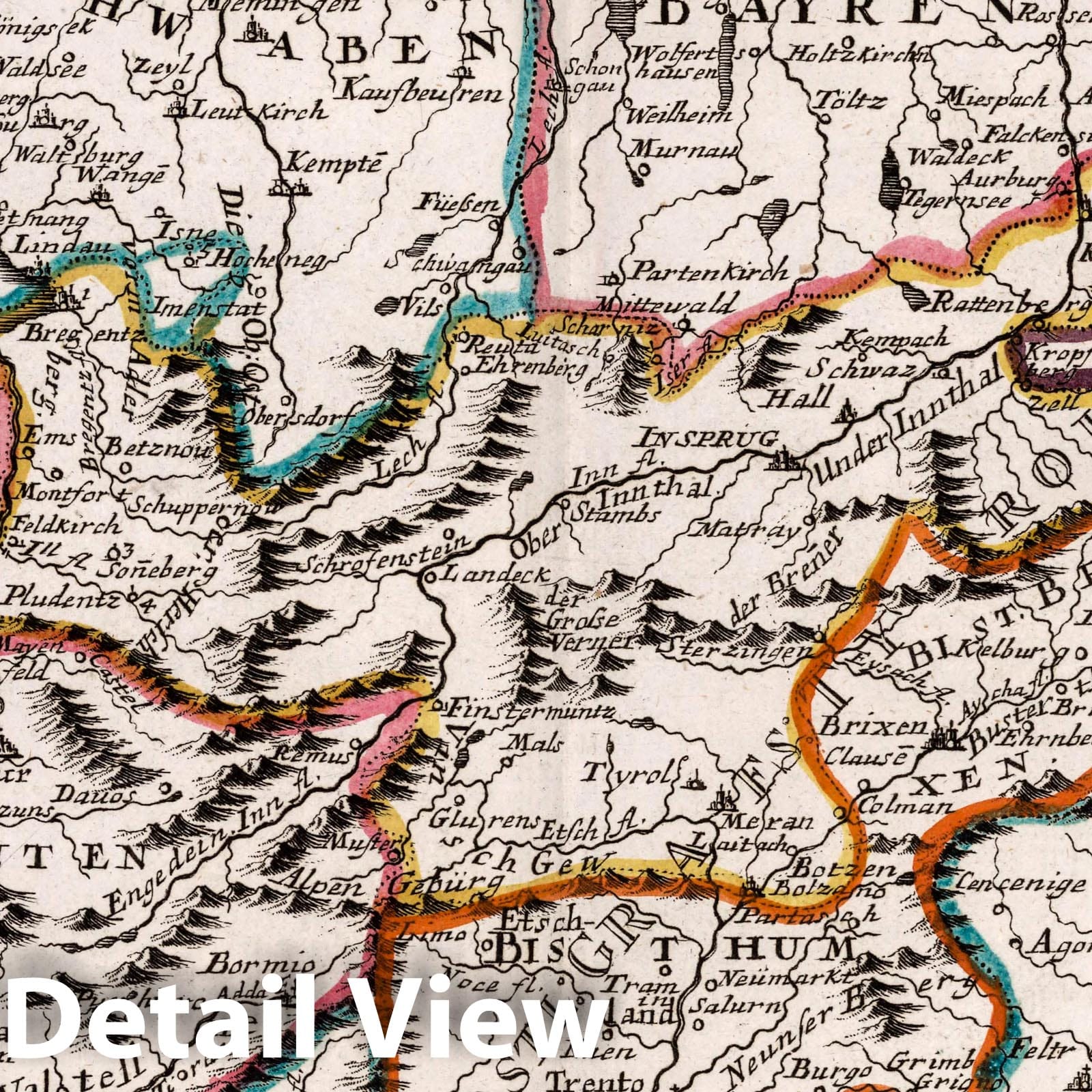 Tyrol and Adjacent Lands - Road Map, 1716 - Hand-Colored Historical Map