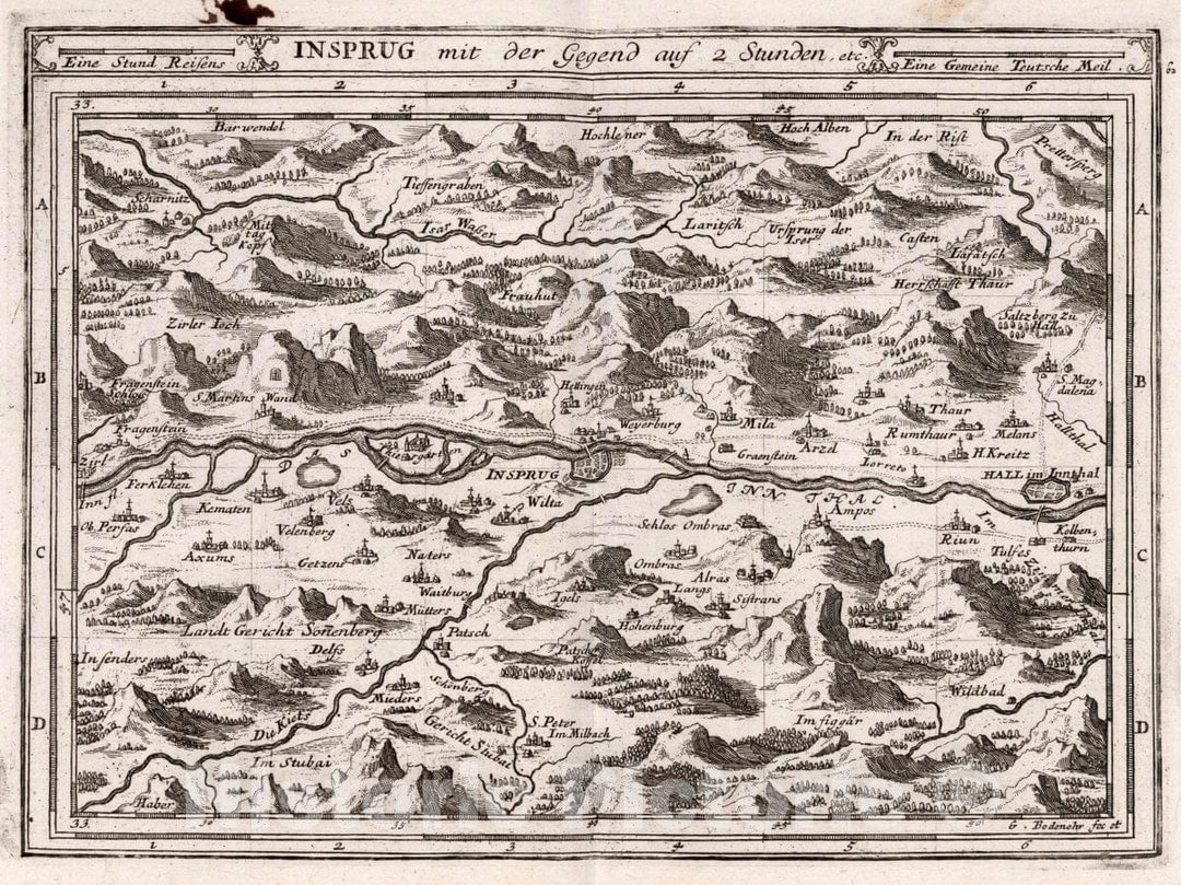 Historic Map : Austria, Innsbruck Region (Austria), Europe Insprug mit der Gegend auf Zwei Stunden, etc, 1716 Atlas , Vintage Wall Art