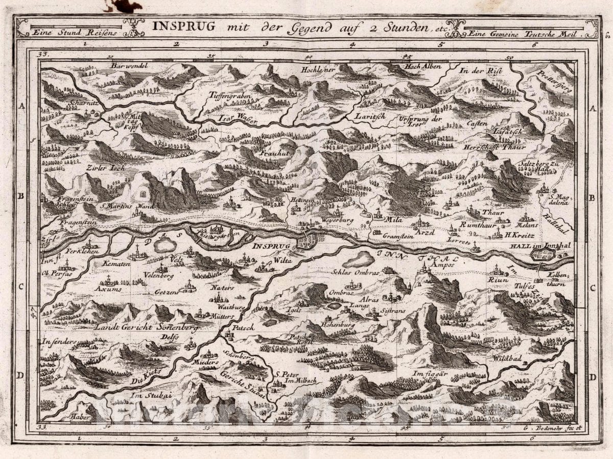 Historic Map : Austria, Innsbruck Region (Austria), Europe Insprug mit der Gegend auf Zwei Stunden, etc, 1716 Atlas , Vintage Wall Art