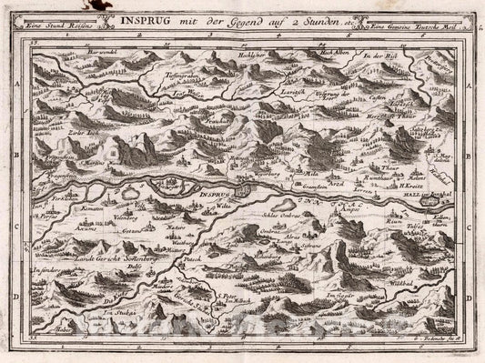 Historic Map : Austria, Innsbruck Region (Austria), Europe Insprug mit der Gegend auf Zwei Stunden, etc, 1716 Atlas , Vintage Wall Art