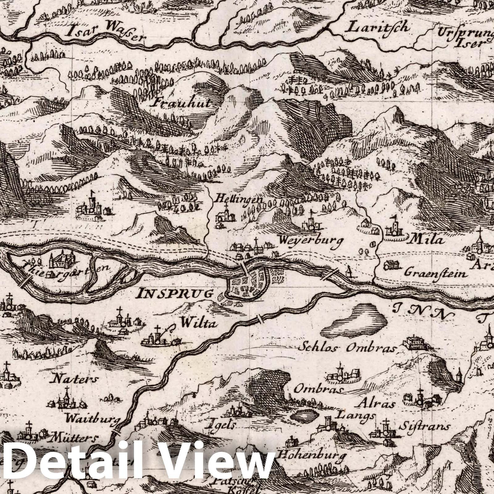 Innsbruck and Surrounding Region, Austria - Road Map, 1716 - Historical Map Print