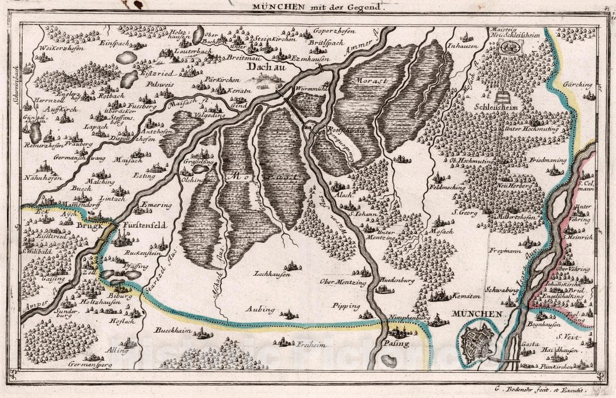 Historic Map : Germany , Munich (Germany), Europe Munchen mit der Gegend. Gabriel, Bodenehr fecit. et Exc. 1716, Vintage Wall Art