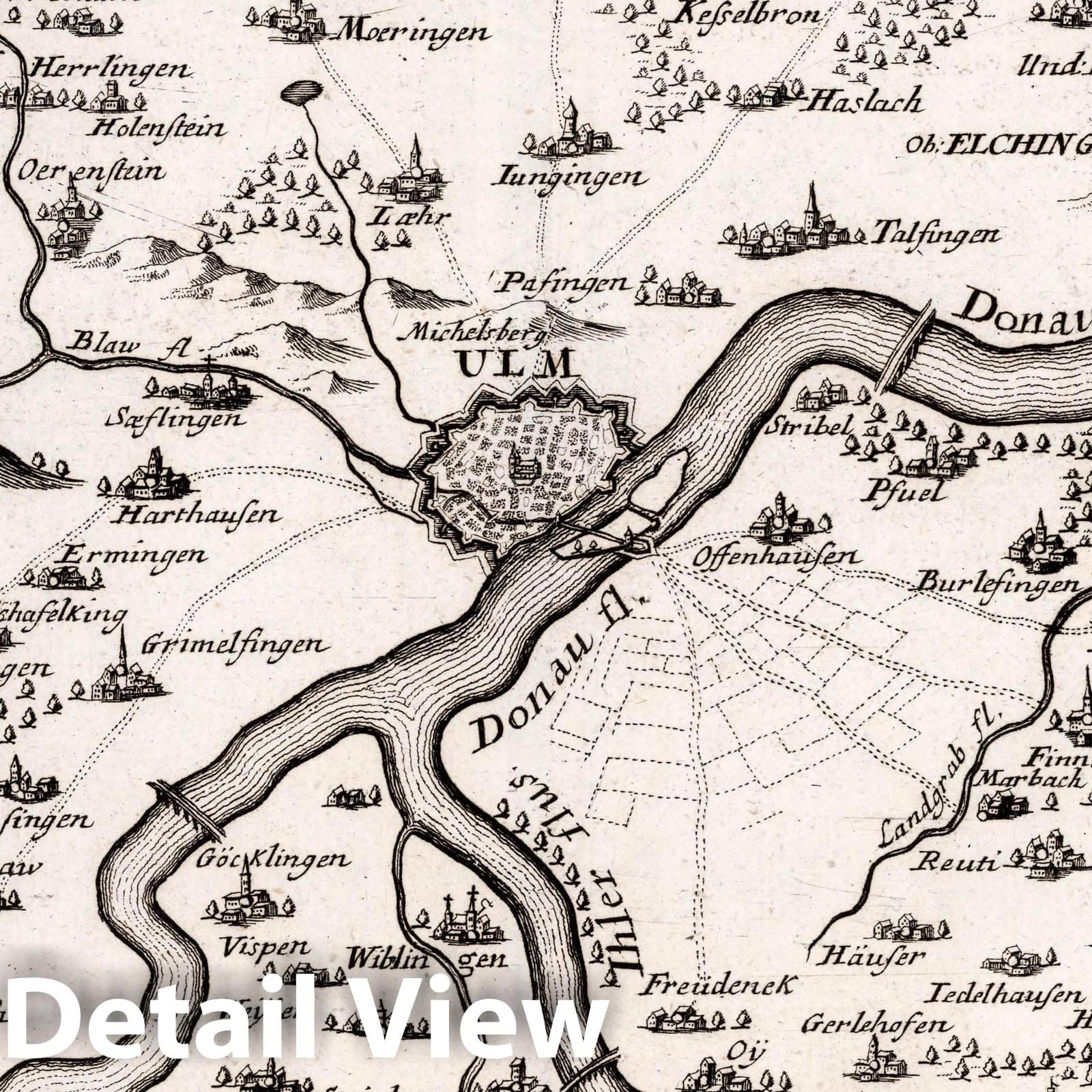Ulm and Surrounding Region, Germany - Road Map, 1716 - Historical Map Print
