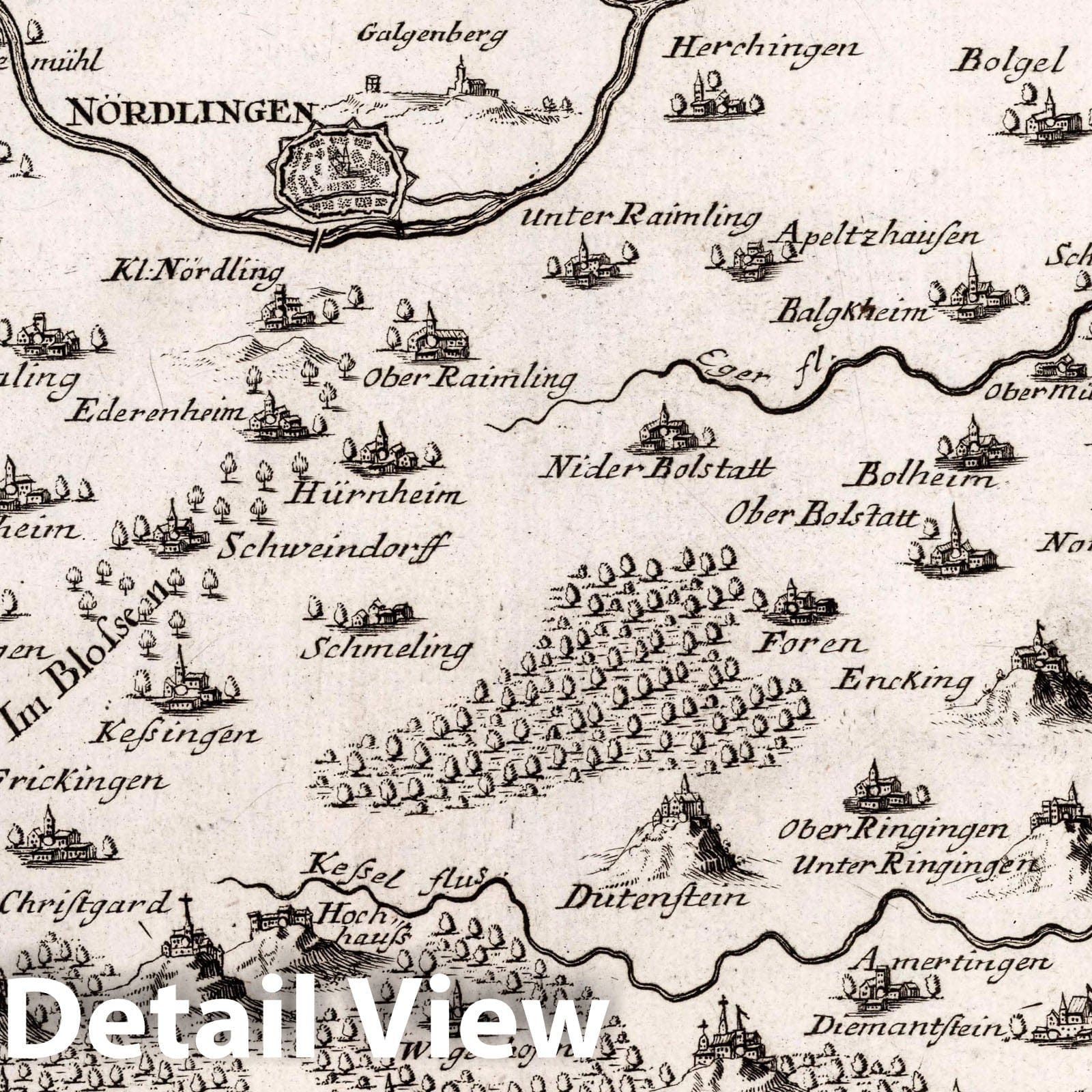 Nordlingen and Surrounding Area, Germany - Road Map, 1716 - Historical Map Print