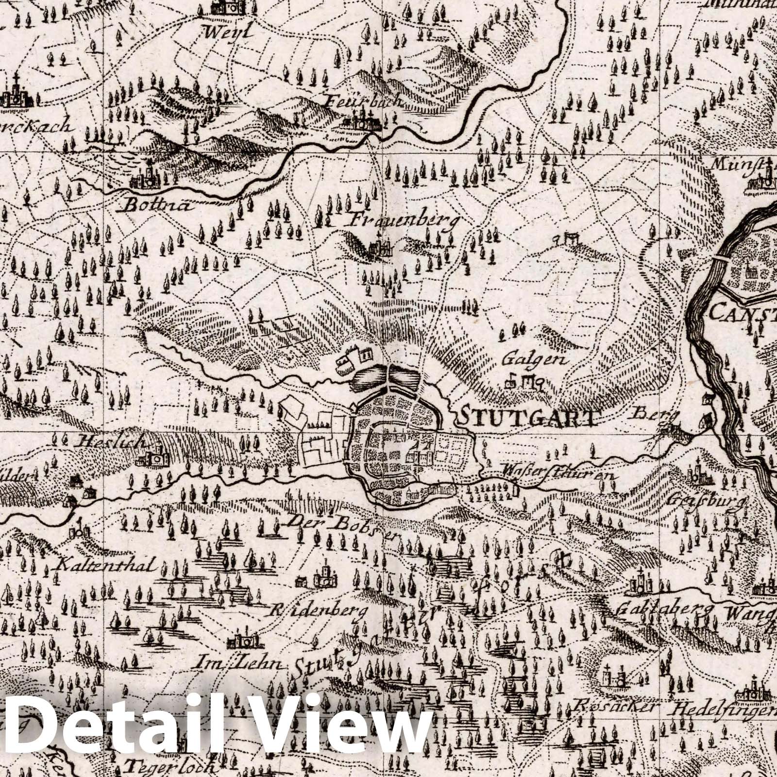 Stuttgart and Surrounding Region - Road Map, 1716 - Historical Map Print