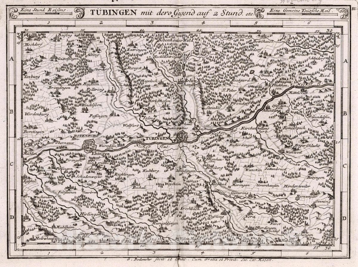 Tübingen and Surrounding Region, Germany - Road Map, 1716 - Historical Map Print
