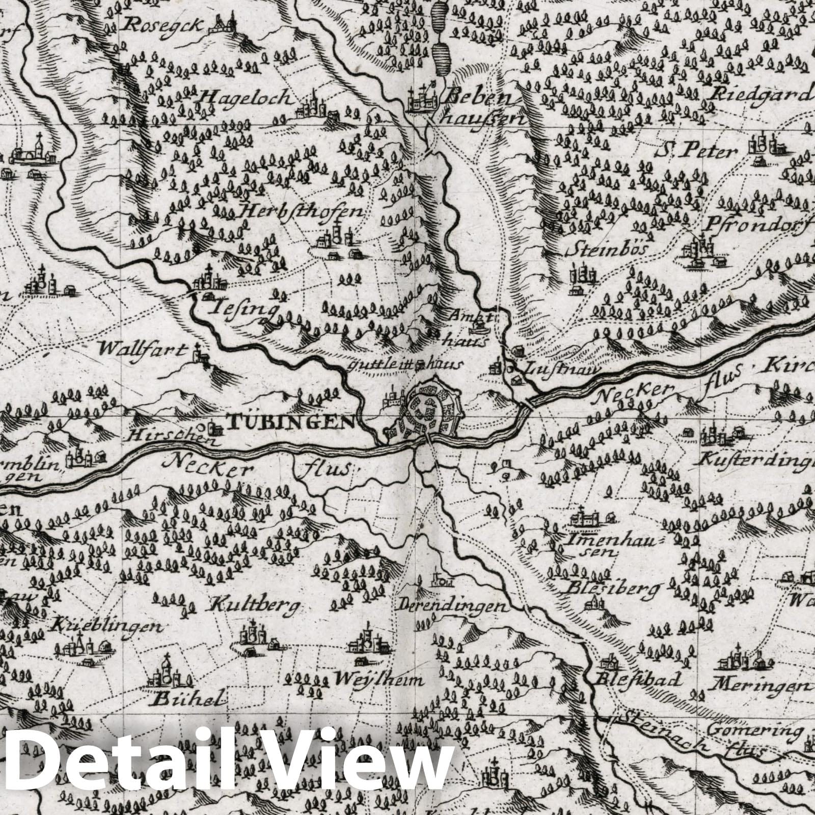 Tübingen and Surrounding Region, Germany - Road Map, 1716 - Historical Map Print