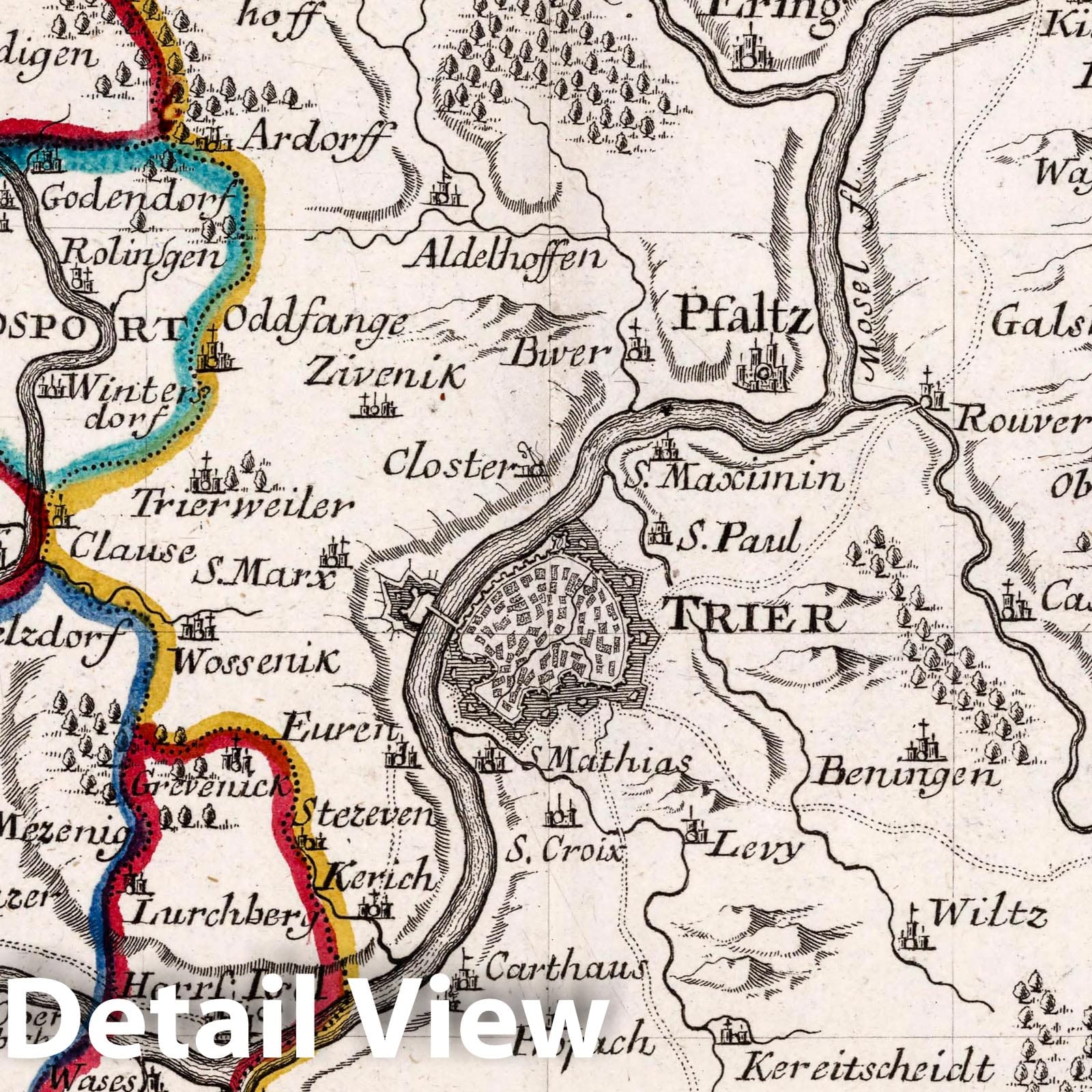 Trier and Surrounding Region, Germany - Road Map, 1716