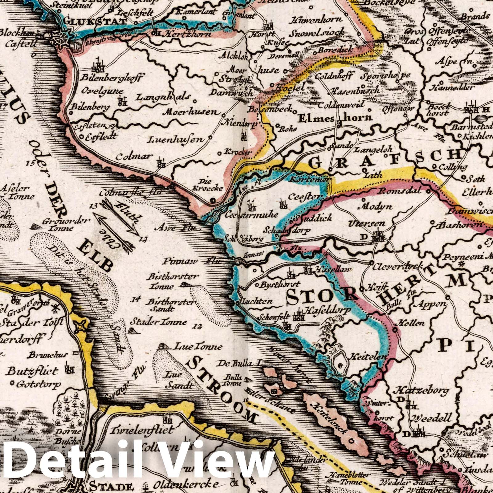 Hamburg and the Elbe River, Germany - Road Map, 1716 - Historical Map Print